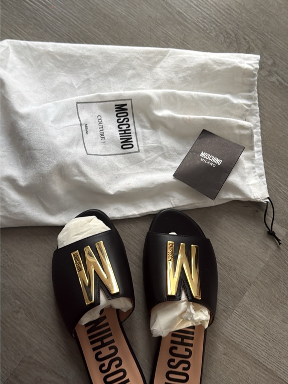 Leather Moschino Black Slide Mule with Gold M Emblem